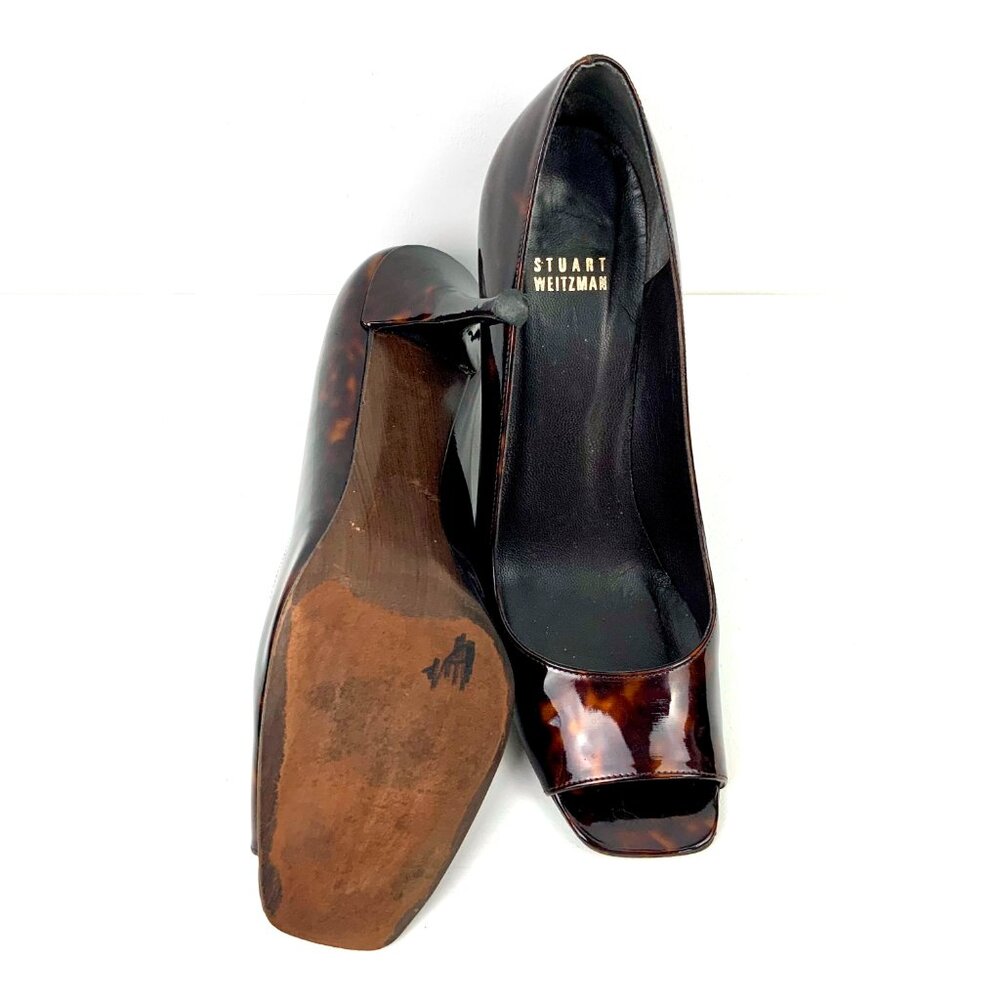 Stuart Weitzman Brown Patent Leather Tortoise Shell Peep Toe Pumps Size 9.5M - Picture 9 of 16
